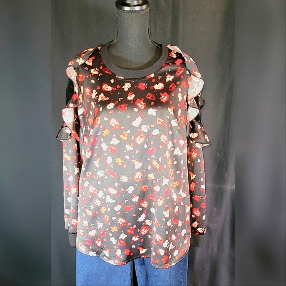 Lane Bryant, 14/16, satin,black & red floral print,ruffle & lace,sleeve cut out.